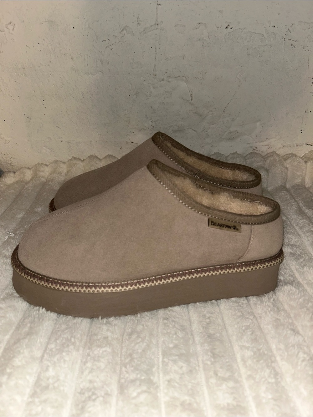 BearPaw Taupe Suede Shearling-Lined Slip-On Mules